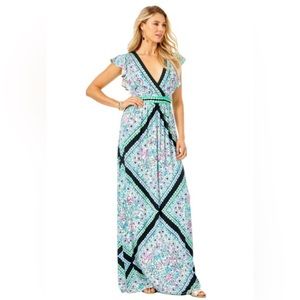 Lilly Pulitzer $248 NWT VERONA Flutter Sleeve Maxi Dress Pink Blue Roselle sz 12